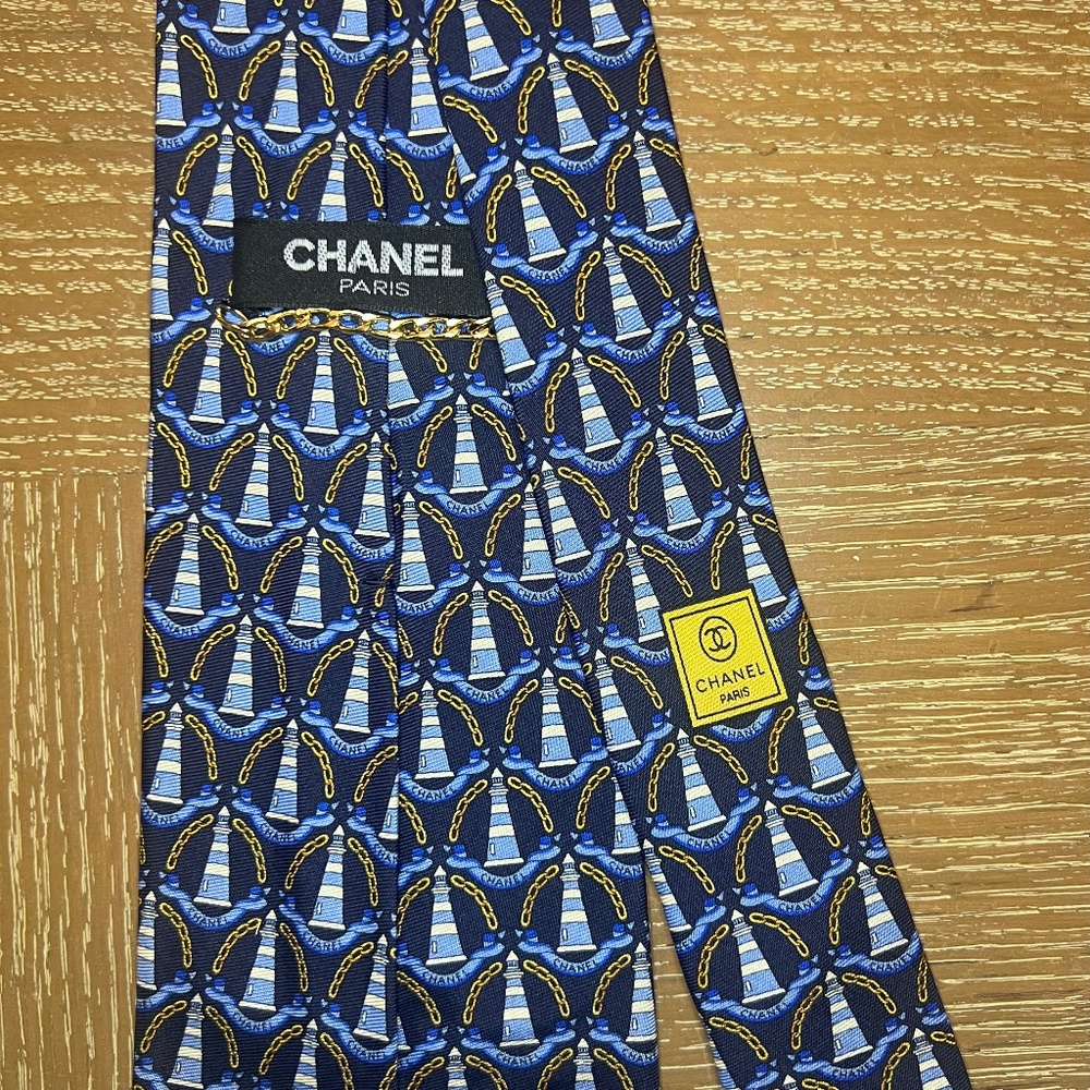 CHANEL 100% Silk Navy tie with Light Blue Lighthouses